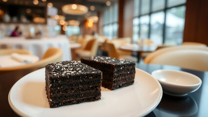 Michelin Style Black Sesame Cake Served on Elegant Plate in Fine Dining Restaurant Setting Gourmet Dessert Presentation