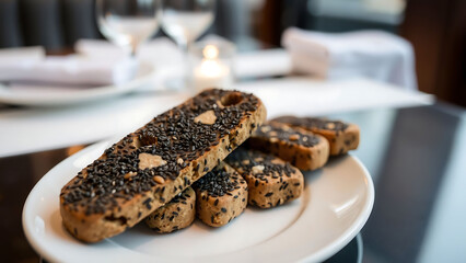 Michelin Style Black Sesame Biscotti Served on Elegant Plate in Sophisticated Restaurant Setting