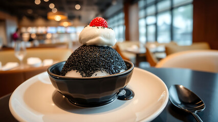 Michelin Style Black Sesame Bingsu Served on Elegant Plate with Luxury Restaurant Background Perfect Dessert Presentation