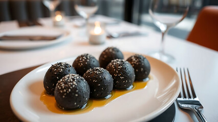 Michelin Style Black Sesame Basbousa Served on Elegant Plate in Luxury Restaurant Setting