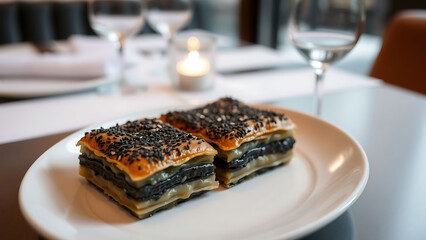 Michelin Style Black Sesame Baklava Served on Elegant Plate in Sophisticated Restaurant Setting