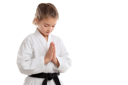 young girl in karate uniform showing respect and discipline isolated on white background