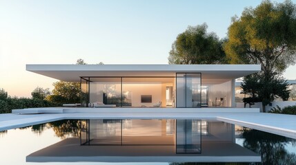 Fototapeta premium Modern House with Pool at Sunrise, Outdoor Living