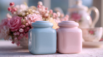 Vintage ceramic jars with pastel colors on a table with flowers in a bright setting