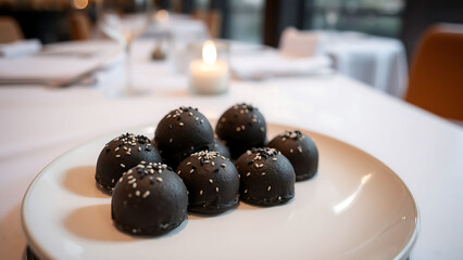 Michelin Style Black Sesame Amaretti on Elegant Plate in Sophisticated Restaurant Setting