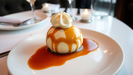 Michelin Style Amaretto Semifreddo on Elegant Plate in Luxury Restaurant Setting