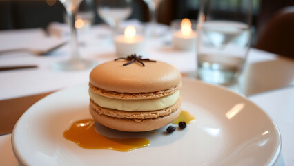 Michelin Style Anise Macaron Served on Elegant Plate in Sophisticated Restaurant Setting