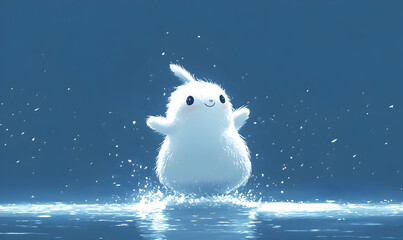 Animated fluffy creature jumps above water, a cute scene with bright illumination on light-blue background, fantasy creature