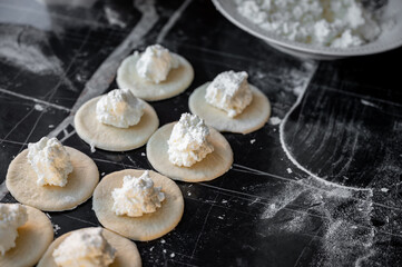 Cottage cheese filling placed on round dough wrapper, process of making dumplings