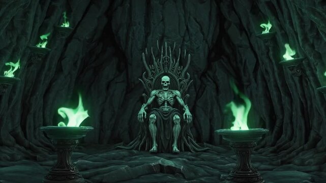 Squelette roi assis sur un tr&ocirc;ne dans une grotte &eacute;clair&eacute;e par des flammes vertes

