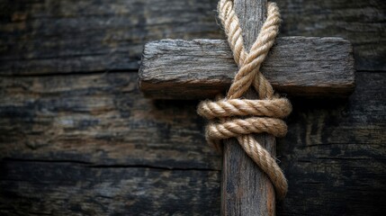Obraz premium Rustic Wooden Cross Tied with Rope Against Dark Wooden Background