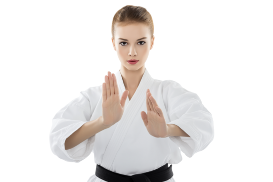 karate woman ready to strike with open palms isolated on white background