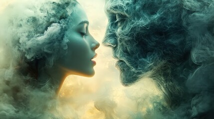 Close-up portrait of a woman and man enveloped in ethereal smoke.