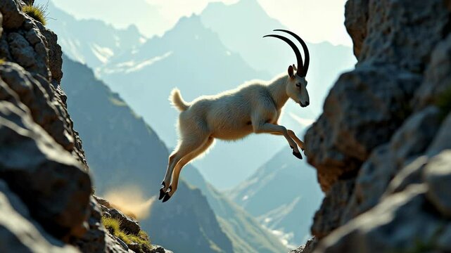 Watch the incredible goat jump across a cliff in slow motion against a stunning mountain backdrop