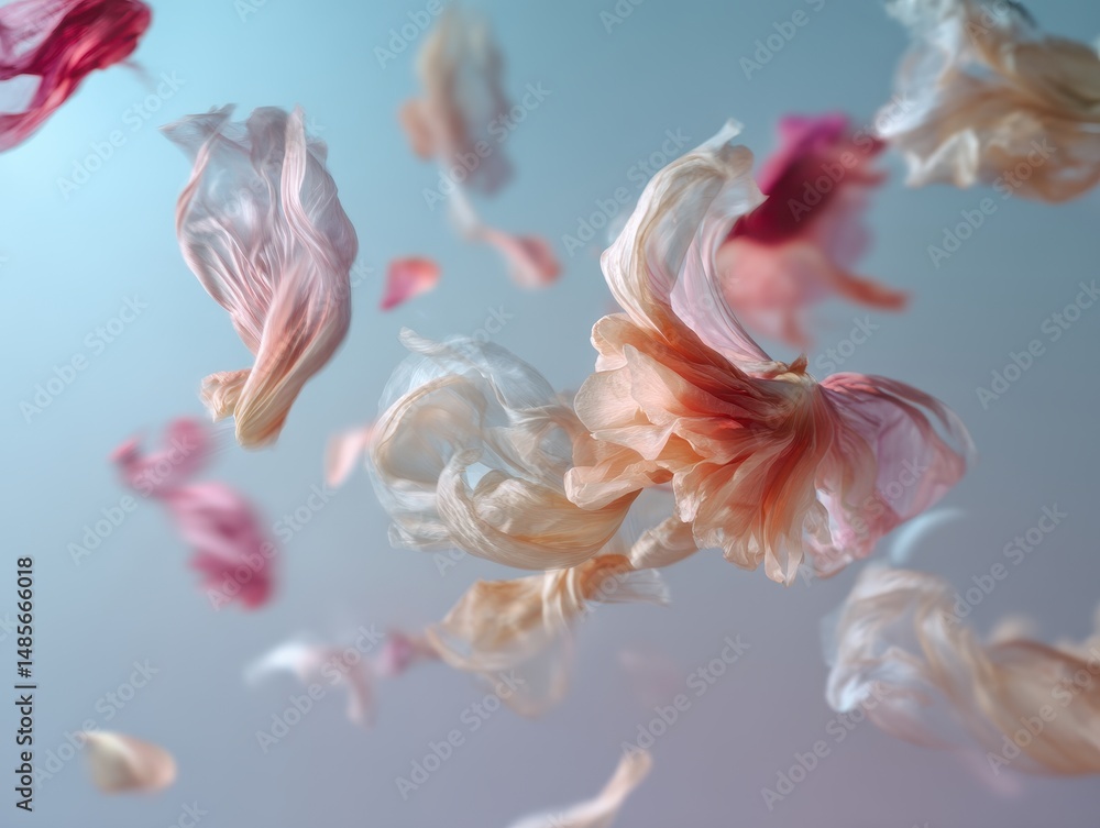 Poster delicate flowing petals in soft pastel colors creating an ethereal atmosphere with graceful movement