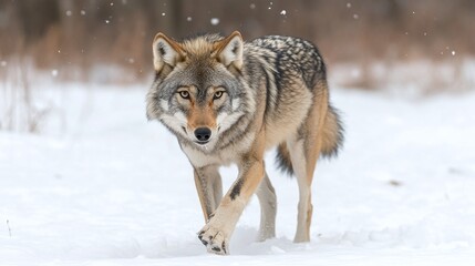 Naklejka premium Gray wolf striding through a snowy forest.