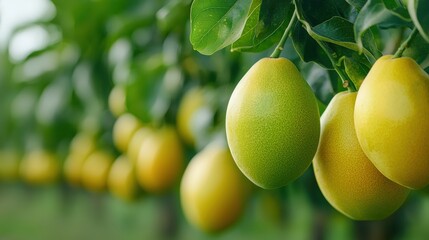 Ripe and unripe grapefruits hanging on tree in orchard