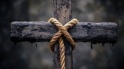 Rustic Wooden Cross Tied with Rope against Dark Background