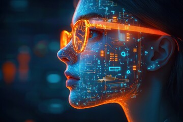 Profile of a woman wearing glowing orange glasses with digital circuitry patterns illuminated on her face, depicting futuristic technology and advanced digital integration