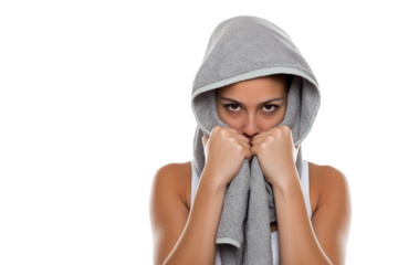 woman wrapped in hooded towel isolated on white background