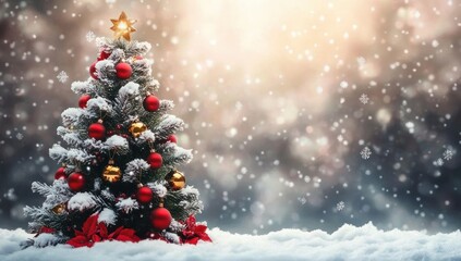 Obraz premium Snow-covered Christmas tree decorated with red and gold baubles and a glowing star topper surrounded by snowflakes in a soft glowing winter scene