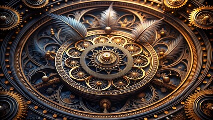 Fototapeta premium The antique gold detail of the old clock mechanism, a vintage pattern of time against a grunge background, evokes ancient European architecture
