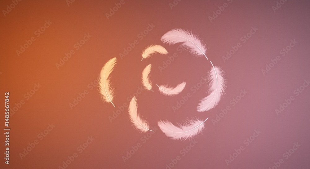 Poster white feathers gently floating on a soft orange background creating a circular design perfect for pe