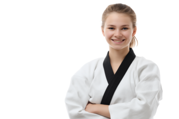  female martial artist smiles confidently isolated on white background