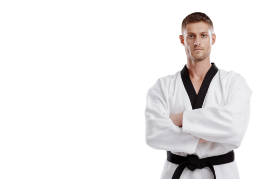  martial artist confidently posing in traditional uniform with arms crossed isolated on white background