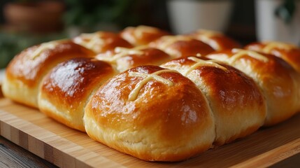 Freshly Baked Golden Bread Rolls on Wooden Surface with Details