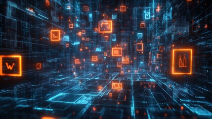Fototapeta premium Futuristic digital tunnel with glowing blue grids and floating orange data blocks representing advanced technology and vibrant virtual data flow