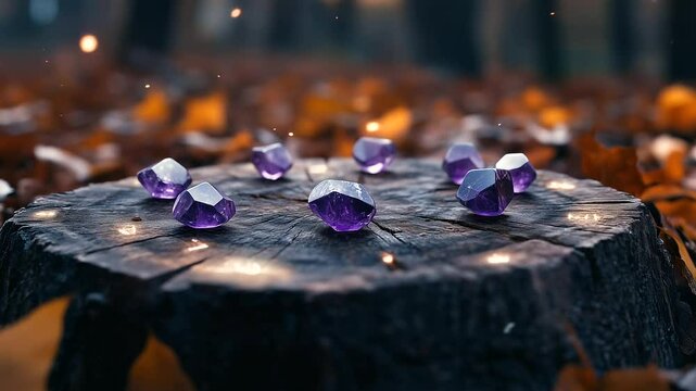 Amethyst runes arranged in a rune casting on an old wooden stump, surrounded by glowing autumn foliage, invoking the power of intuition and ancestral wisdom.