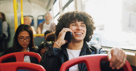 Phone call, happy and man on bus for travel with communication, networking or contact for university. Cellphone, smile and male student on mobile conversation for college results on public transport.