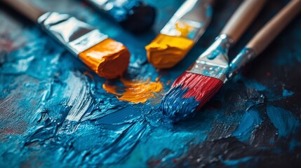 Fototapeta premium Vibrant Paints and Brushes Arranged on Artistic Palette Surface