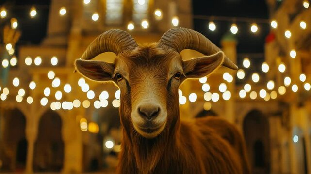 Close-up of a brown goat at night, with warm string lights in the background.