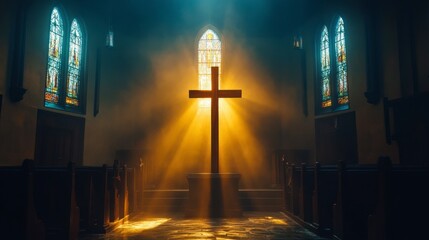 Naklejka premium Light Streaming Through Stained Glass in a Church with Cross