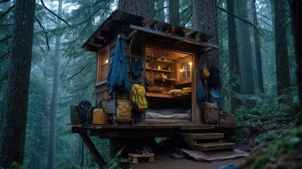 A cozy wooden cabin glows warmly in a misty forest, surrounded by tall pine trees and outdoor gear, offering a peaceful retreat into nature’s tranquility.