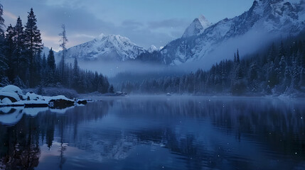 Fototapeta premium Mirror Lake - A perfectly still alpine lake at dawn with mirror-like water, dense pine forest reflections, ambient mountain mist, and distant snow-covered peaks in total silence (Generative AI) #037