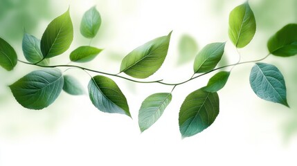 Close-up of fresh green leaves on a delicate branch with soft natural light and blurred green background conveying freshness and tranquility