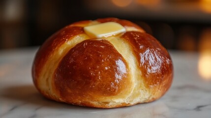 Freshly Baked Golden Brown Bun with Butter on Marble Surface