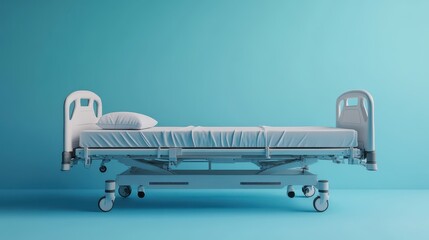 A clean, empty hospital bed sits against a light blue wall.  The minimalist setting conveys a sense of calm and readiness.