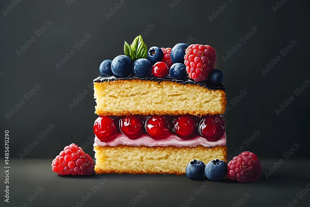 Poster close-up view of a delicious layered cake slice with berries.