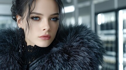 Model in Steampunk Fashion with Fur Accents in Chilly Atmosphere