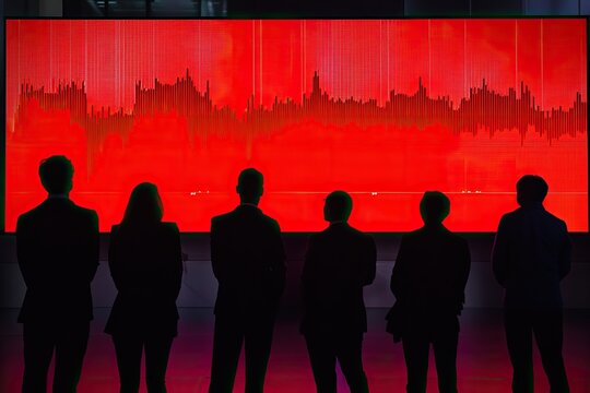 Silhouetted figures facing large red screen displaying data