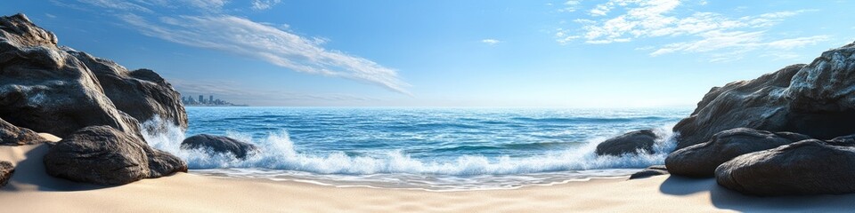 Coastal serenity, azure waves, and dramatic rocks