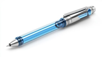Sleek blue and silver pen isolated on white background. Modern design, transparent barrel reveals ink.