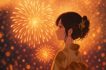 花火大会を見る着物姿の若い女性の横顔