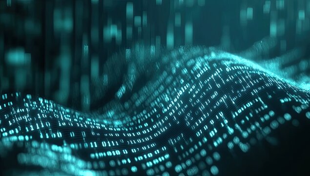 Abstract digital wave with glowing binary code.  A mesmerizing display of data flowing in a wave-like pattern, illuminated by teal light. 