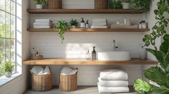 Bright, airy laundry room with wooden shelving, plants, and baskets