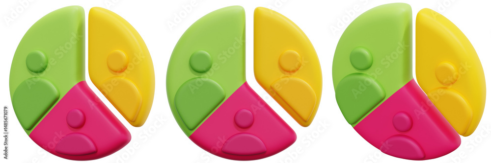 Poster set of pie chart showing customer segmentation 3d render icon illustration